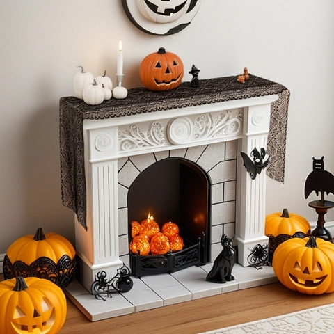 Chemin de Table en Dentelle Noire d'Halloween Toile d'Araignée Main de Fantôme Écharpe de Cheminée Gothique Décoration de Fête Maison