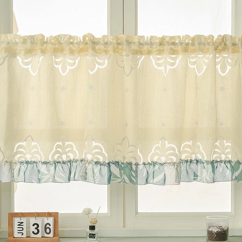 Vintage Floral Lace Cafe Curtains For Kitchen Window Polyester Jacquard Half Curtain With Ruffle Edge Valance Home Decor