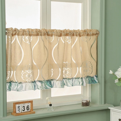 Rideau de Café Rétro Style Américain Jacquard Ajouré pour Cuisine Rideau Court à Passe-tringle Rideau de Porte avec Volants