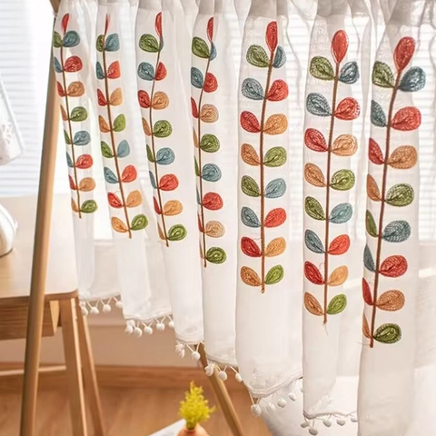 American Style Cafe Curtain Short Kitchen Cabinet Door Curtain Sheer Polyester With Embroidery Leaf And Pom Pom Trim