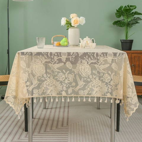 Vintage Lace Tablecloth Rectangular Floral Tulip Bird Hollow Jacquard With Tassel For Wedding Party Home Dining Table Decor