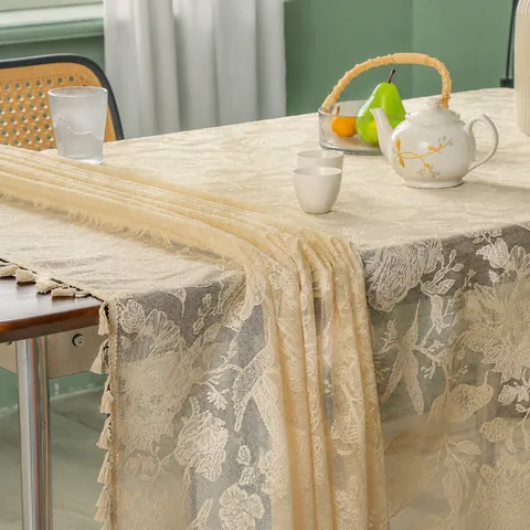 Vintage Lace Tablecloth Rectangular Floral Tulip Bird Hollow Jacquard With Tassel For Wedding Party Home Dining Table Decor