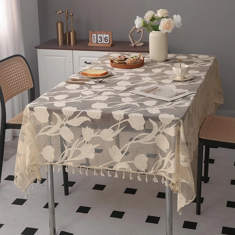 Nordic Beige Lace Rectangular Tablecloth Waterproof Dustproof With Tassels Tulip Floral Pattern Dining Table Cloth Home Decor