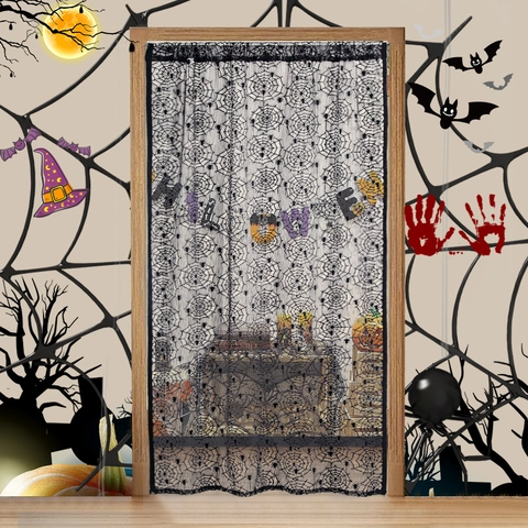 Halloween Door Curtain Black Lace Spider Web Ghost Hand Pattern Holiday Party Decoration For Indoor Home Entryway