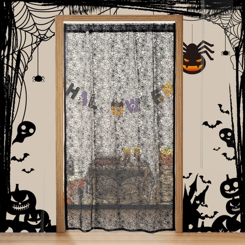 Halloween Door Curtain Black Lace Spider Web Pattern Polyester Hanging Decorative Letters Gothic Party
