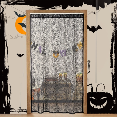 Halloween Black Lace Door Curtain Spider Web Skull Ghost Hand Pattern Decorative Entryway Hanging For Haunted House Party Decor