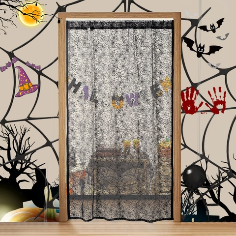 Halloween Black Lace Door Curtain Spider Web Skull Ghost Hand Pattern Decorative Entryway Hanging For Haunted House Party Decor