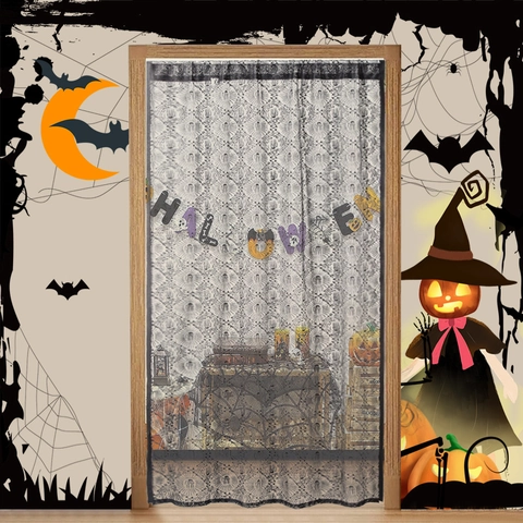 Halloween Door Curtain Lace Black Spider Web Pattern Holiday Decoration Hanging Room Divider For Home Party