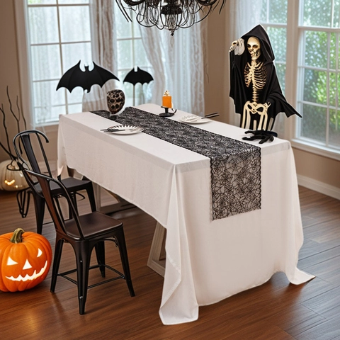 Halloween Negro Encaje Camino de Mesa Telaraña Calavera Mano de Fantasma Mantel Cortina de Puerta Fiesta Decoración Gótico Hogar Mesa