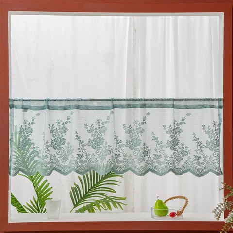 Fresh Pastoral Green Polyester Lace Coffee Curtain Floral Embroidered Scalloped Edge Rod Pocket Short Door Curtain For Kitchen Cafe Home Decor