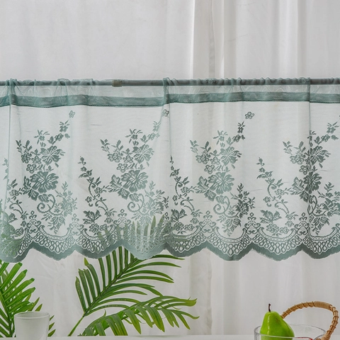 Fresh Pastoral Green Polyester Lace Coffee Curtain Floral Embroidered Scalloped Edge Rod Pocket Short Door Curtain For Kitchen Cafe Home Decor