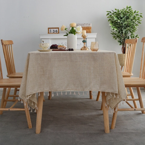 Einfarbige Rechteckige Tischdecke Polyester Leinenoptik Mit Quastenkanten Ölbeständig Hitzebeständig Home Dining Dekor