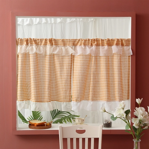 Polyester Cafe Curtains Small Window Half Curtain With White Lace Ruffles Gingham Geometric Pattern For Kitchen Cafe Decor