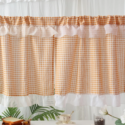 Polyester Cafe Curtains Small Window Half Curtain With White Lace Ruffles Gingham Geometric Pattern For Kitchen Cafe Decor