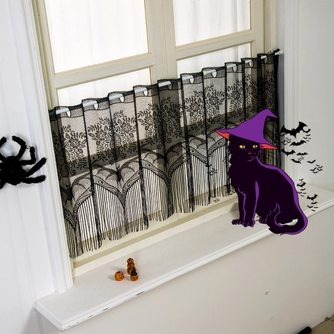 Halloween Spitze Vorhang Valance Und Lampenschirm Schwarz Polyester Fledermaus Schädel Gothic Party Deko Quasten