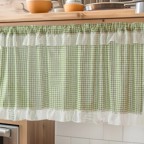 Cafe Curtains Gingham Checkered Rod Pocket Short Window Half Curtains With Ruffle Trim Pastoral Style For Kitchen Bistro