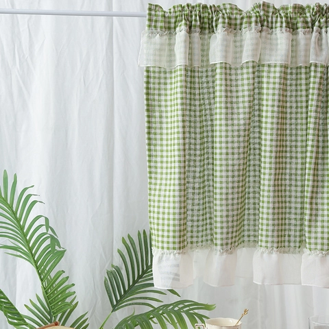 Cafe Curtains Gingham Checkered Rod Pocket Short Window Half Curtains With Ruffle Trim Pastoral Style For Kitchen Bistro