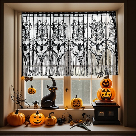 Halloween Spitze Vorhang Valance Und Lampenschirm Schwarz Polyester Fledermaus Schädel Gothic Party Deko Quasten