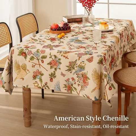 Tovaglia In Ciniglia Jacquard Retro Americana Impermeabile Resistente All'olio Motivo Floreale Uccelli Copertura Rettangolare Ispessita