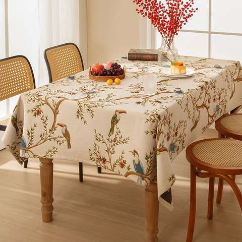 Tovaglia In Ciniglia Jacquard Retro Americana Impermeabile Resistente All'olio Motivo Floreale Uccelli Copertura Rettangolare Ispessita