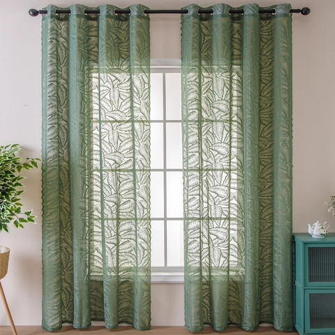 Modern Minimalist Green Leaf Pattern Lace Sheer Curtains For Living Room Bedroom Embroidery Semi Shading Window Drapes Home Decor