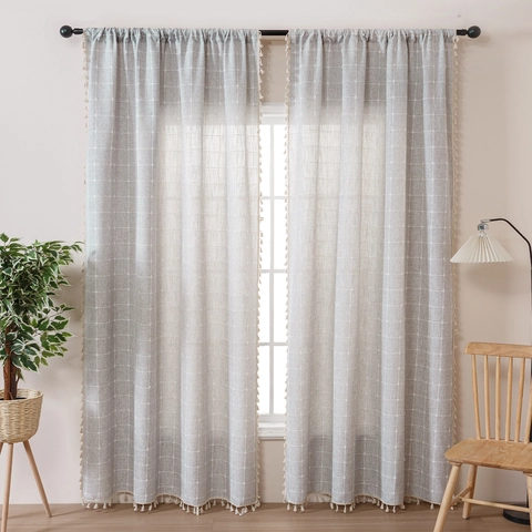 Tende Boho Moderne In Misto Poliestere Cotone Con Nappe A Righe Griglia Semi Oscuranti Camera Da Letto Soggiorno
