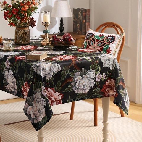 Rectangular Tablecloth Chenille Polyester Peony Floral Print Vintage Retro Non-Slip Table Cover For Home Dining