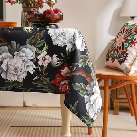 Rectangular Tablecloth Chenille Polyester Peony Floral Print Vintage Retro Non-Slip Table Cover For Home Dining