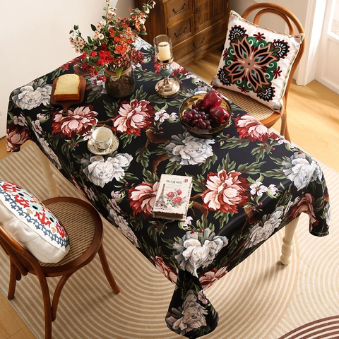 Nappe Florale Peinture à l'Huile Rétro Américaine Imperméable Antidérapante en Chenille Polyester pour Table à Manger Décoration Maison