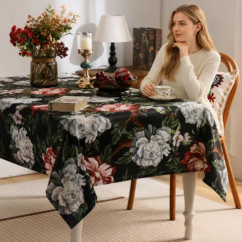 Nappe Florale Peinture à l'Huile Rétro Américaine Imperméable Antidérapante en Chenille Polyester pour Table à Manger Décoration Maison