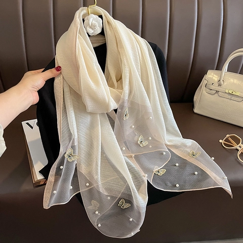 Women Elegant Butterfly Embroidery Satin Scarf Faux Pearl Beaded Lightweight Polyester Shawl For Party Wedding Formal Accessories