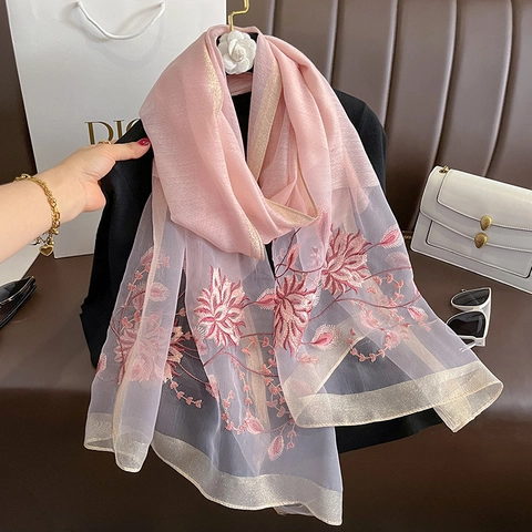 Damen Maulbeerseide Wolle Mischung Schal Mode Winter Warm Groß Schal Bestickt Floral Wrap Mit Goldfaden Einfassung Tie-Dye Schal