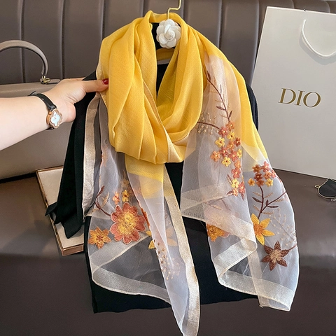 Damen Eleganter Schal Mit Stickerei Leichtes Durchsichtiges Gaze-Tuch Mit Metallischem Rand