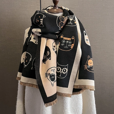 Sciarpa Invernale Da Donna Motivo Gatto Cartone Animato Finto Cashmere Jacquard Sciarpone Caldo Doppia Faccia Con Frange