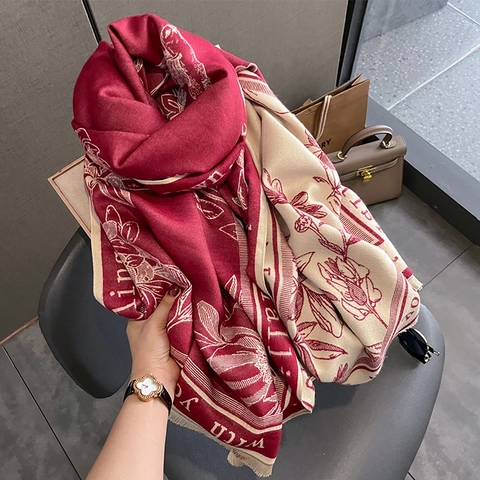 Sciarpa Invernale Scialle Imitazione Cashmere Caldo Pesante Stampa Floreale Uccelli Design Lettere Jacquard Doppio Lato Frange