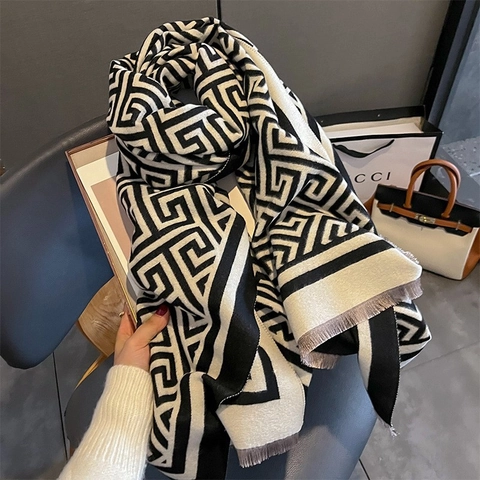 Sciarpa Scialle Invernale Imitazione Cashmere Motivo Greco Geometrico Caldo Con Frange Donna