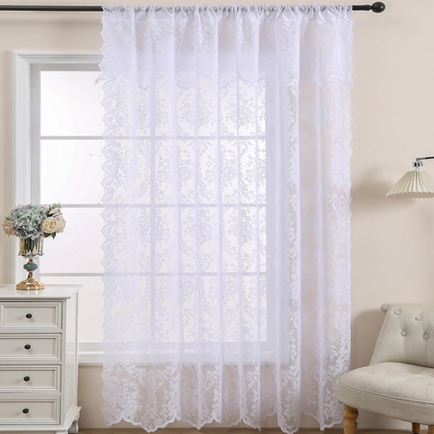 Cortinas de Encaje Retro Francés Bordado Floral de Ensueño Borde Ondulado Cortinajes de Ventana Semi Transparentes para Decoración de Sala Dormitorio