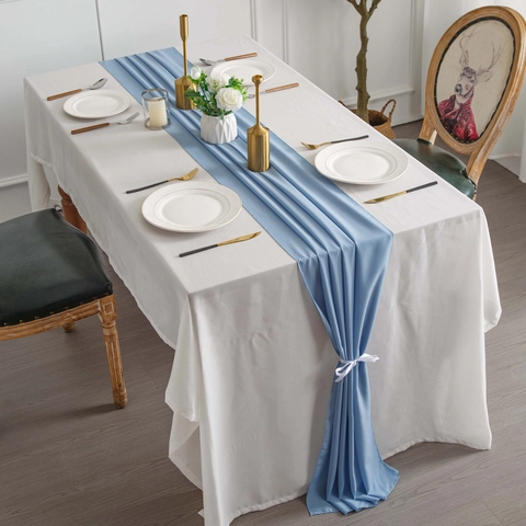 Camino De Table Azul Claro Gasa Transparente Elegante Plisado Decoración Boda Fiesta Banquete Comedor Estilo Francés Minimalista