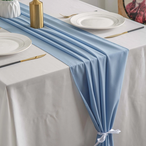 Camino De Table Azul Claro Gasa Transparente Elegante Plisado Decoración Boda Fiesta Banquete Comedor Estilo Francés Minimalista