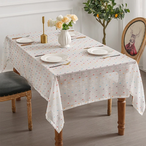 Rectangular Tablecloth Polyester Linen Texture Colorful Tufted Pom Poms Heat Resistant Anti Slip Bohemian Home Dining Decor
