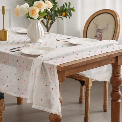 Rectangular Tablecloth Polyester Linen Texture Colorful Tufted Pom Poms Heat Resistant Anti Slip Bohemian Home Dining Decor