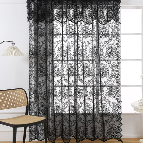 French Vintage Lace Curtain Floral Damask Semi Shading Scalloped Edge Window Screen For Living Room Bedroom Balcony Home Decor
