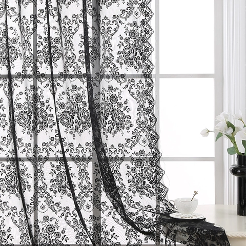 French Vintage Lace Curtain Floral Damask Semi Shading Scalloped Edge Window Screen For Living Room Bedroom Balcony Home Decor