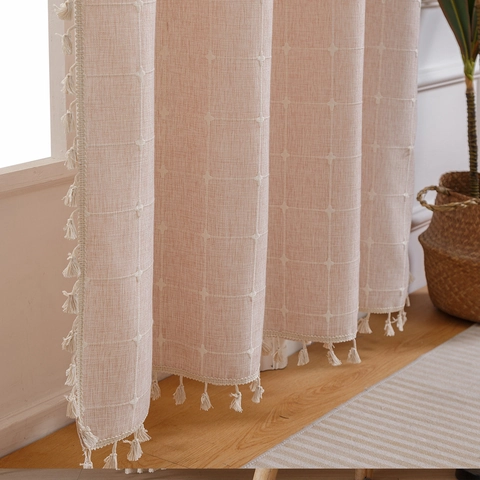 Modern Minimalist Polyester Grid Curtains With Tassels Semi-Blackout Yarn-Dyed Window Panel For Living Room Bedroom Home