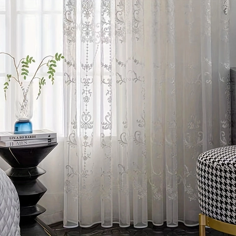 Elegant White Floral Embroidered Lace Sheer Curtains Grommet Semi Transparent Voile Drapes For Living Room Bedroom Window Decoration