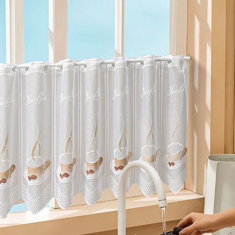 White Lace Kitchen Cafe Curtain Coffee Cup Pattern Rod Pocket Half Curtain For Window Cabinet Decor