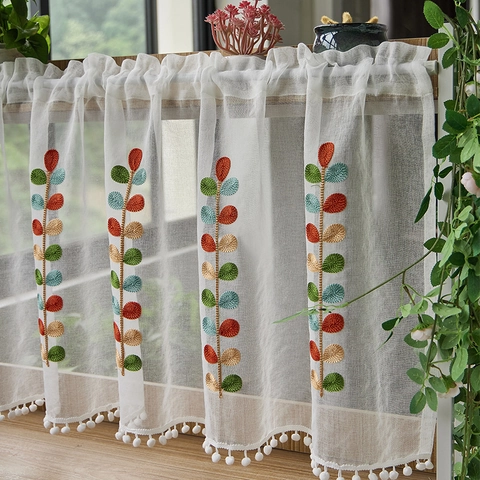 Polyester Semi Sheer Cafe Curtain Colorful Leaf Embroidery Short Window Drape With Pom Pom Trim For Kitchen Cabinet