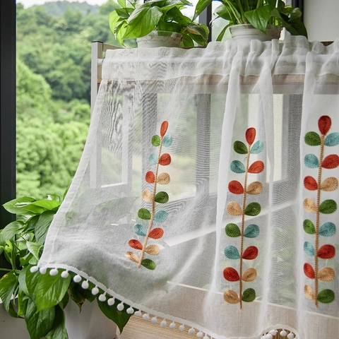 Polyester Embroidered Cafe Curtains For Kitchen Cabinet Small Short Window Valance With Pom Pom Floral Pattern Home Decor