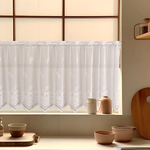 White Lace Daisy Embroidery Kitchen Cafe Curtain Polyester Short Half Window Curtain For Bathroom Cabinet Decor Rod Pocket
