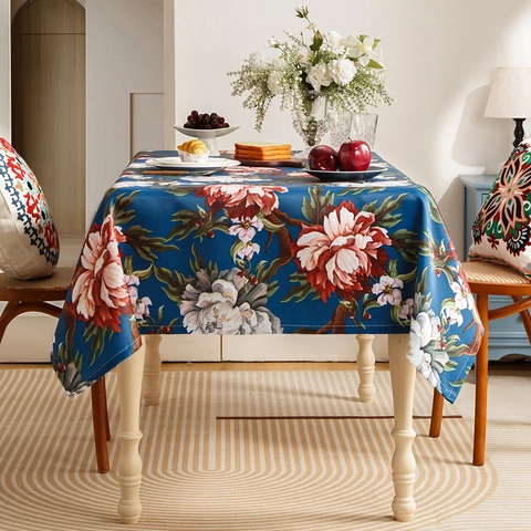 American Vintage Peony Floral Print Tablecloth Polyester Chenille Dustproof Rectangular Table Cover For Dining Party Wedding Home Decor